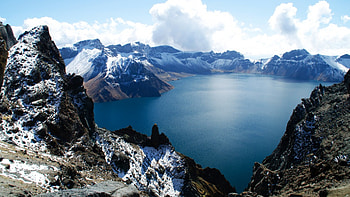 Heaven Lake, caldera, crater lake, snowy peaks, China, clouds, mountains, water, North Korea HD wallpaper