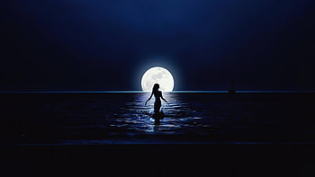 Girl and moon, ocean, silhouette HD wallpaper