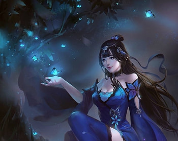 Fantasy girl, blue, frumusete, asian, girl, hand, butterfly, fantasy, jun cao, luminos, jum cao HD wallpaper