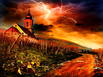 Summer storm, night, slope, fiery, summer, flash, thunder, light, red, clouds, nature, sky, castle, storm HD wallpaper