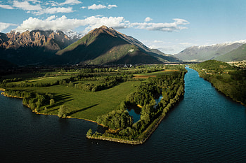 Arial shot, valley, mountains, canal HD wallpaper