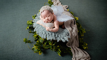 Baby, Newborn, Cute, Girl, Angel, Green, Leaves, Sleeping, Fur, Woolen, Cap, Pillow, White, Wings, Background Cute HD wallpaper