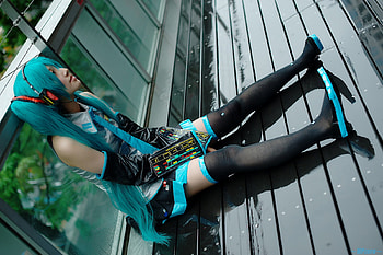 Hatsune Miku by Saya, awesome, uniform, walkway, nice, sitting, hatsune, aqua eyes, cosplayer, outfit, white, hatsune miku, twintail, headset, aqua, tree, anime, pretty, green, cosplay, black, heads, leggings, cute, vocaloid, beauty, miku, vocaloids, thighhighs, , skirt, polish, beautiful, tie, gray, costume, aqua hair, cool, saya, boots, micro HD wallpaper