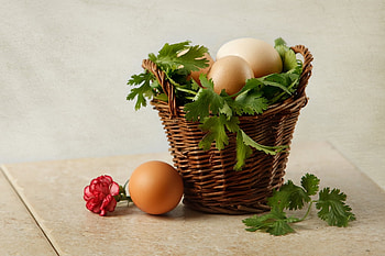 Preparing for Easter, basket, still life, flower, greens, eggs HD wallpaper