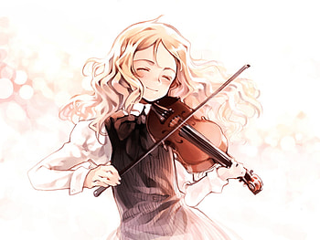 Lost in the music, violon, blond, anime, cute, blush, girl HD wallpaper