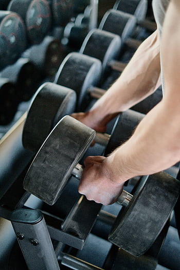 Focused shot of hands holding large dumbbells in a gym setting, showcasing strength workout. HD phone wallpaper