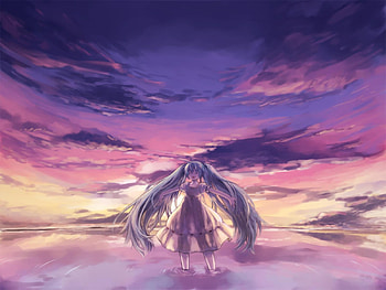 Hatsune Miku, awesome, song, cute, vocaloid, beauty, nice, miku, music, vocaloids, hatsune, water, sunset, program, twintail, girl, singer, aqua, beautiful, diva, purple, anime, pretty, aqua hair, cool, clouds, sky, idol, virtual HD wallpaper