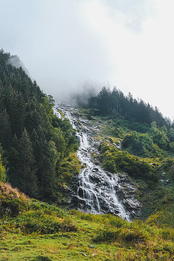 Nature, Trees, Waterfall, Slope, Cloud, Creek, Brook HD phone wallpaper