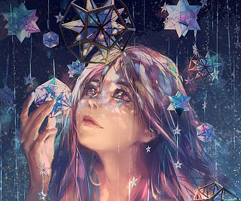 Crystal stars, star, crystal, yuumei, fantasy, art, face, luminos, girl HD wallpaper