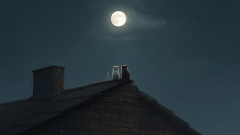 Rooftop Date Night, cat, house, moon, artist, artwork, art, digital-art, artstation HD wallpaper