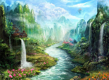 Serenity Waterfall, river, painting, valley, waterfall, nature, mountains HD wallpaper