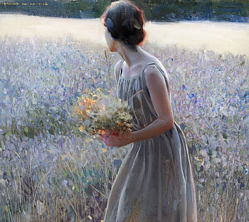 Summer, fantasy, art, flower, field, girl, woman, blue, yizheng ke, smmer, vara HD wallpaper