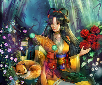 Princess Kaguya, animal, asian, cakeroll, girl, fox, fan, rose, kaguya hime, hand fan, fantasy, flower, green, yellow, red, princess HD wallpaper