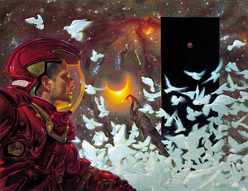 Eclipse, white, dove, bird, art, man, cosmonaut, astronaut, moon, fantasy, donato giancola, space, luna, cosmos, sun HD wallpaper