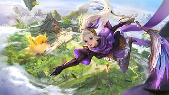 Fantasy girl, chicken, frumusete, cute, girl, purple, fantasy, ghfartstudio, green, yellow, luminos, pui, g h f art studio HD wallpaper