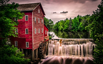 Dells Mill, Augusta, Wisconsin, mill, red, trees, waterfall, usa HD wallpaper