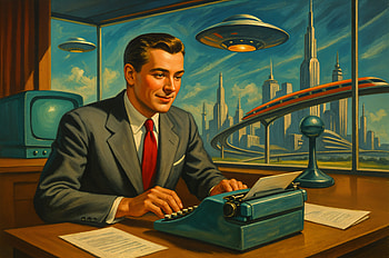 Corporate Visionary: Ultra of Futuristic Office Life, retro futurism, typewriter HD wallpaper
