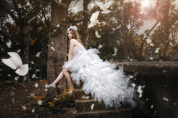 Model in White, outdoors, model, dress, asian, doves HD wallpaper