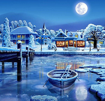 by Adrian Chesterman, winter, river, boat, painting, art, landscape, houses HD wallpaper