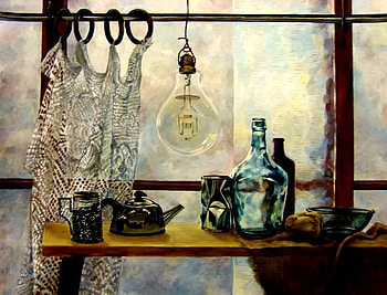 Lace Curtains, table, window, lightbulb, mugs, still life, curtain rod, painting, bottles, bowl, teapot HD wallpaper