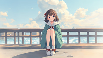 Anime Girl Relaxing On Seaside Deck, anime-girl, sea, clouds, cloud, artist, artwork, art, digital-art, ai, deviantart HD wallpaper