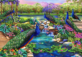 Peacock Majesty, lilies, stream, artwork, colorful, birds, painting, pond HD wallpaper