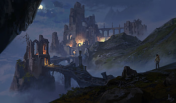 Ruins, night, ruin, art, man, ling xiao, dark, moon, fantasy, luna, luminos HD wallpaper