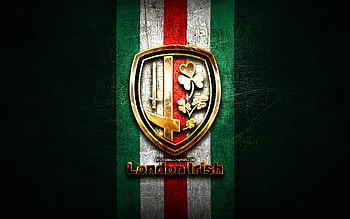 London Irish, golden logo, Premiership Rugby, green metal background, english rugby club, London Irish logo, rugby HD wallpaper