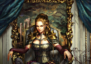 Caella, art, throne, frame, girl, woman, painting, fantasy, green, game, anotherwanderer, legend of the cryptids HD wallpaper