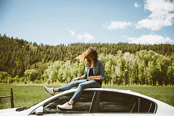 Girl Sitting On Car Hairs On Face In Nature, girls, model, graphy HD wallpaper