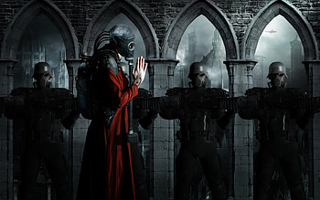 Benediction, fantasy, troopers, tower, arch, red, soldiers, gas mask, character HD wallpaper