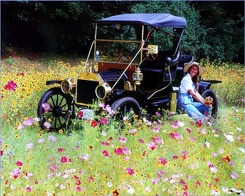 Roadster in the wild, ford, roadster, woman, field, restored, flowers, happy, vintage, 1912 HD wallpaper