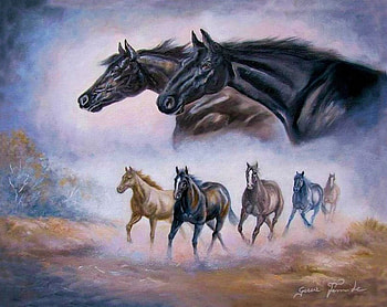 Horses, artwork, painting, portrait, herd, galopping HD wallpaper