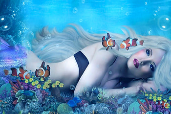 Beautiful Mermaid, coral reef, sea, softness, colorful, blonde, beautiful, Mermaid, magical, face, fish, Laying down, ocean HD wallpaper
