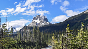 A sunny day in Yoho National Park, British Columbia, landscape, clouds, trees, sky, canada, mountain HD wallpaper