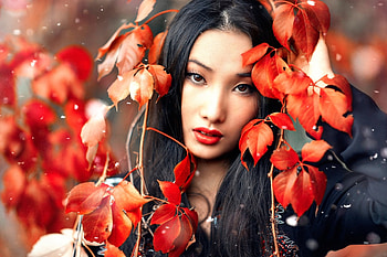 Autumn, model, asian, brunette, orange, alessandro di cicco, beauty, woman, red, leaf HD wallpaper