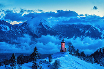 Church, mountains, clouds, evening HD wallpaper