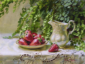 Strawberries & Cream, table, pitcher, plate, painting, strawberries, greenery, cloth HD wallpaper