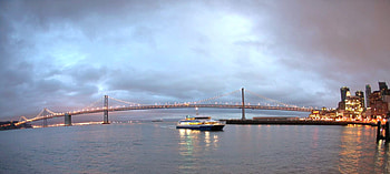 Bay Cruise, ship, reflection, lights, cruise, bay, bridge, sky, water HD wallpaper