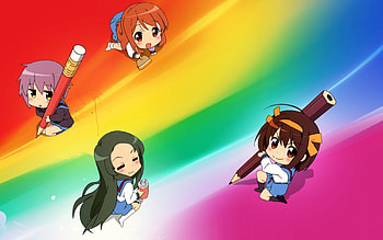 Colorful paint, Mikuru Asahina, Suzumiya Haruhi no Yuuutsu, Haruhi Suzumiya, Kyoto Animation, anime, Yuki Nagato, Tsuruya, paint, manga HD wallpaper