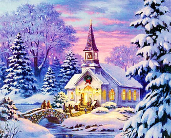 Church in Winter, artwork, river, painting, light, chappel, snow, bridge, people HD wallpaper