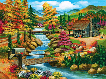 Fall Season, artwork, river, painting, trees, bridge, sky, cabin, stones HD wallpaper