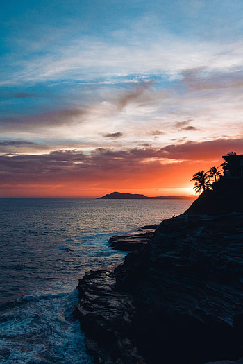 Sea, Nature, Sunset, Sky, Night, Rock, Palm HD phone wallpaper