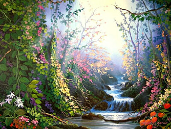 Blossom Creek, falls, creek, trees, sky, nature, flowers, water, rocks HD wallpaper