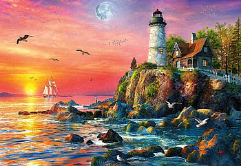 Lighthouse at Sunset, artwork, painting, colors, sky, sailboat, cliff, rocks, sunset HD wallpaper