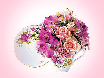 Floral cup, purple, pink, white, roses, flowers, cup, saucer, floral design HD wallpaper