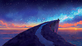 Artistic Cliffside Oceanscape: Colorful Solitude Artwork, cliff, ocean, colorful art, alone HD wallpaper