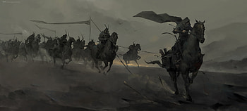 Chase, man, zhihui su, dark, silhouette, horse, art, running, cal, fantasy, battle HD wallpaper