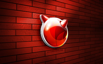 BSD 3D logo, , red brickwall, creative, operating systems, BSD logo, 3D art, BSD emblem, BSD HD wallpaper