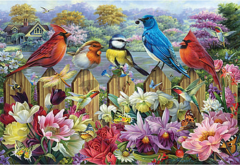 Birds In A Blooming Garden, flowers, fence, cardinals, chickadees, painting, bluebird HD wallpaper